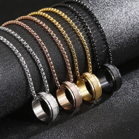 Spinner Ring Pendant Necklace Stainless Steel Six Syllable Mantra Sanskrit Engraved Rotatable Stress Relief Jewelry For Men