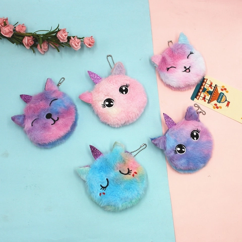 Unicorn Cat Plush Coin Purse Mini Zipper Pouch Sequin Horn Metal Keychain Pendant Kids Girls Cute Animal Small Bag