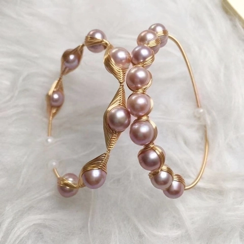 Bracelet Jonc En Perles D'eau Douce Fait À La Main Fil Enroulé Or 14K Bijoux Artistiques Élégants Pour Femmes