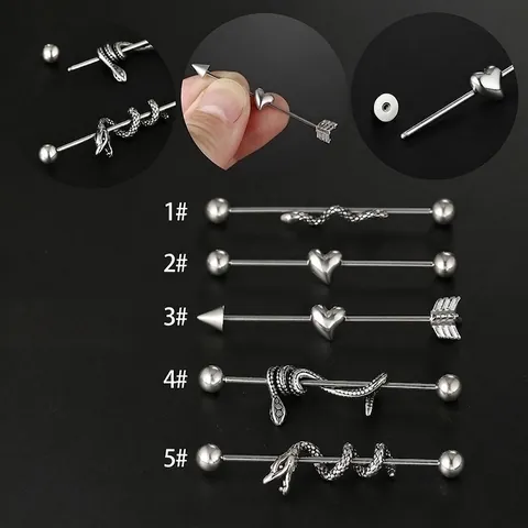 Industrial Barbell Piercing Earring Stainless Steel Snake Heart Arrow Cartilage Stud Jewelry Punk Gothic Style For Women Men