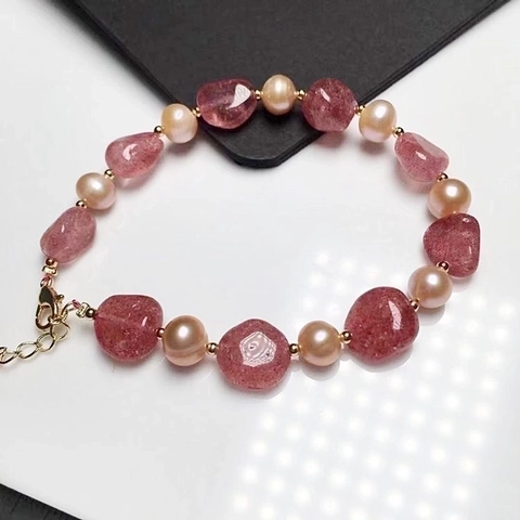 Natürliche Taubenblut Rote Erdbeerquarz Süßwasserperle Armband Für Damen 14K Vergoldet Handgefertigte Perlen Schmuck