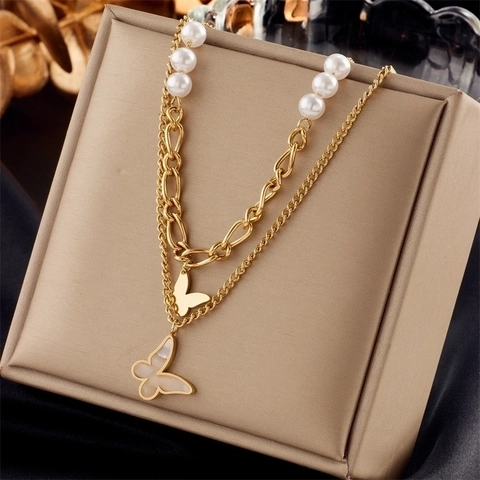 Fashion Double Layer Titanium Steel Necklace For Women Gold Butterfly Pendant Artificial Pearl Mother Of Pearl Jewelry