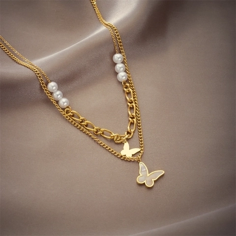 Fashion Double Layer Titanium Steel Necklace For Women Gold Butterfly Pendant Artificial Pearl Mother Of Pearl Jewelry