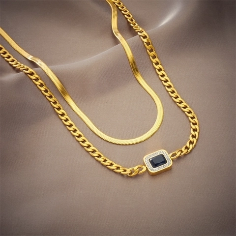 Layered Pendant Necklace Stainless Steel Gold Square Blue Gemstone Rhinestone Retro Punk Hip Hop Geometric Jewelry For Women