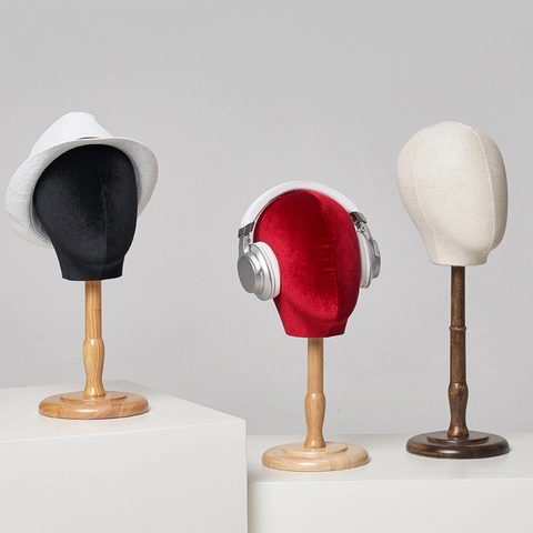 Mannequin Head Hat Stand Velvet Fabric Head Model With Solid Wood Base For Wigs Scarves Sunglasses Display Props Boutique Store