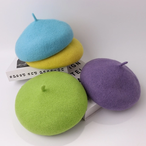 Kids Woolen Beret Hat Solid Color Thickened Warm Winter Artist Painter Cap For Toddler Girls Boys Classic Fashion