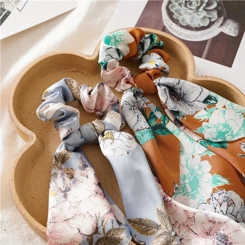 Floral Print Satin Scarf Scrunchie Hair Ties With Triangular Streamer Elastic Fabric Ponytail Holder For Women