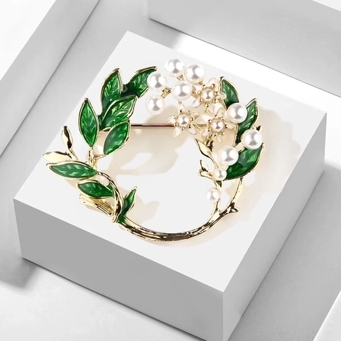 Elegante Spilla A Ghirlanda Di Fiori Per Donna Gardenia Smalto Foglia Lega Perla Artificial Sintetica Gioielli Da Sposa Vintage
