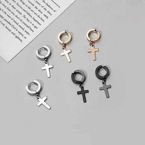 Orecchini A Cerchio Con Pendente A Croce In Acciaio Inossidabile E Clip Per Orecchie Per Uomini Donne Punk Rock Gothic