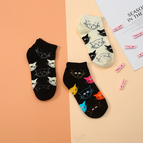 Cartoon Katzenmuster Knöchelsocken Baumwolle Atmungsaktiv Niedrig Geschnittene Kurzsocken Für Damen Und Herren