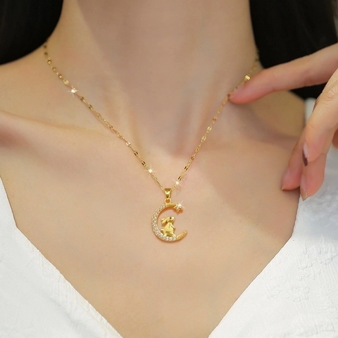 Maan Konijn Hanger Ketting Verguld Roestvrij Stalen Ketting Koper Zirkonia Luxe Sieraden Voor Dames