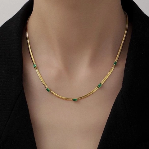 Snake Chain Necklace With Emerald Green Rectangular Zircon Stainless Steel Gold Plated Elegant Jewelry For Women
