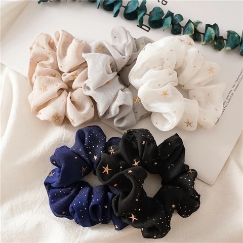 Scrunchies Chiffon Hair Ties For Women Gold Foil Star Print Sweet Korean Style Elastic Hair Bands Elegant Ponytail Holder