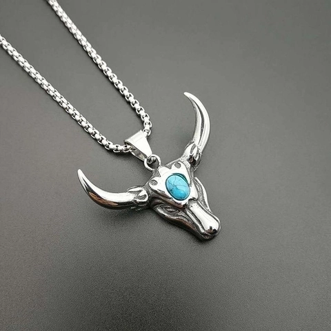 Vintage Punk Bull Head Pendant Necklace Stainless Steel Turquoise Inlaid Rock Biker Gothic Style Jewelry For Men Women