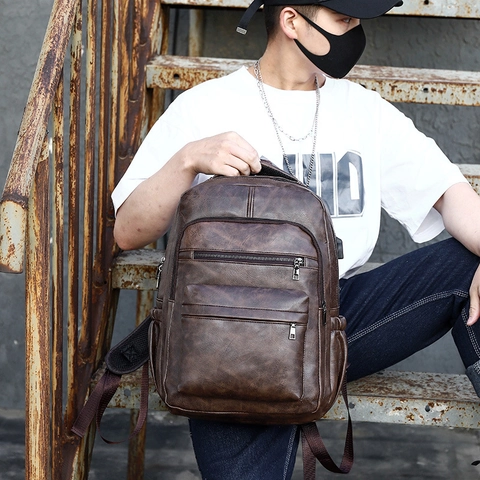 Mochila Retro De Cuero PU Para Hombres Gran Capacidad Mochila De Viaje Vintage Con Puerto De Carga USB Bolsa Urbana