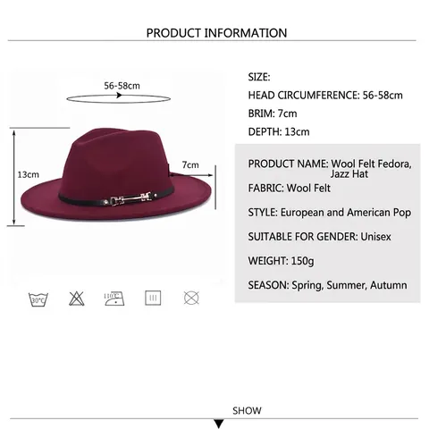 Fedora Hat Vintage Wide Brim Wool Felt Jazz Cap With Leather Band Metal Buckle For Men Women Outdoor Travel