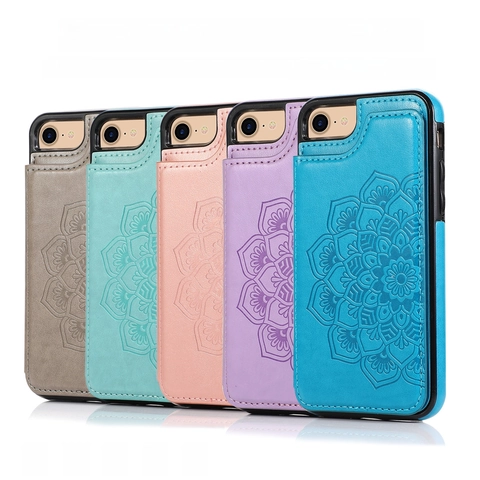 Mandala Embossed Leather Wallet Phone Case for iPhone 16 Pro Max 15 14 13 Samsung Kickstand Shockproof Flip Card Cover