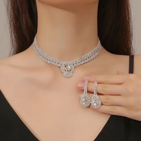 Elegante Collana E Orecchini Con Strass Girocollo Multistrato Lusso Ciondolo Cristallo A Goccia Gioielli Da Sposa