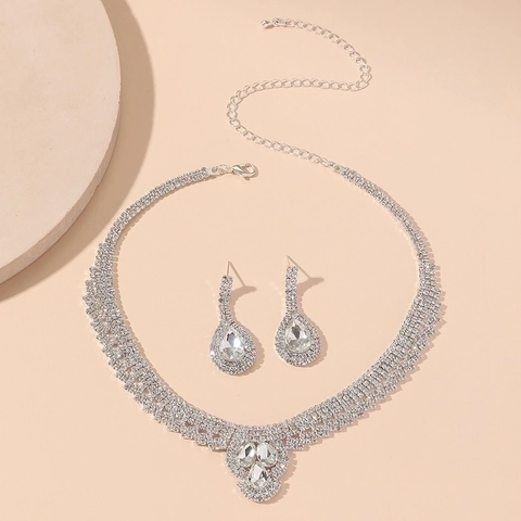 Elegante Collana E Orecchini Con Strass Girocollo Multistrato Lusso Ciondolo Cristallo A Goccia Gioielli Da Sposa