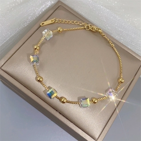 Mode Titanium Staal Vergulde Armband Voor Vrouwen Glanzende Strass Suikerklontje Geometrische Kristallen Ketting Sieraden Cadeau