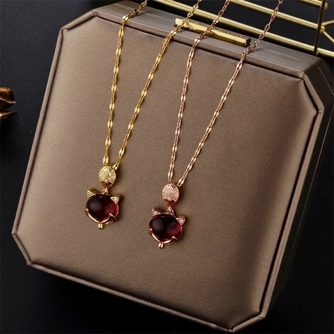 Collana con Pendente Volpe in Acciaio Inossidabile per Donna Pietra Occhio di Gatto Rossa Strass Catena Clavicola Gioielli