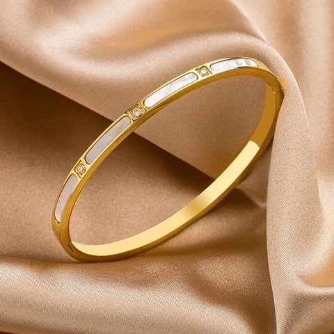 Bangle Armband Titanium Staal Kunstparelmoer Ingelegde Zirkoon Elegante Luxe Sieraden Voor Dames Minimalistisch Ontwerp