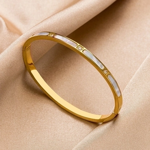 Bangle Armband Titanium Staal Kunstparelmoer Ingelegde Zirkoon Elegante Luxe Sieraden Voor Dames Minimalistisch Ontwerp