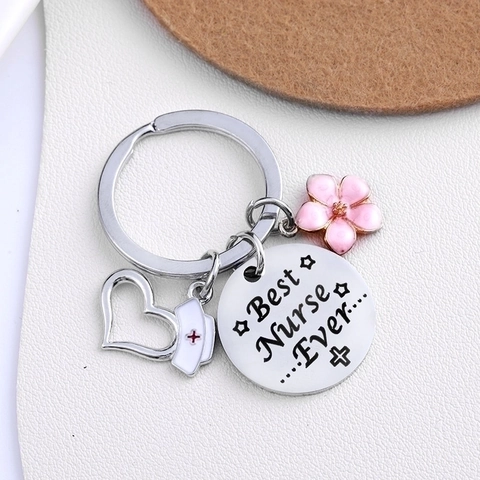 Portachiavi Best Nurse Ever in Acciaio Inossidabile e Lega Con Ciondoli a Cappello da Infermiera Cuore Fiore Regalo di Ringraziamento per Medico Infermiere