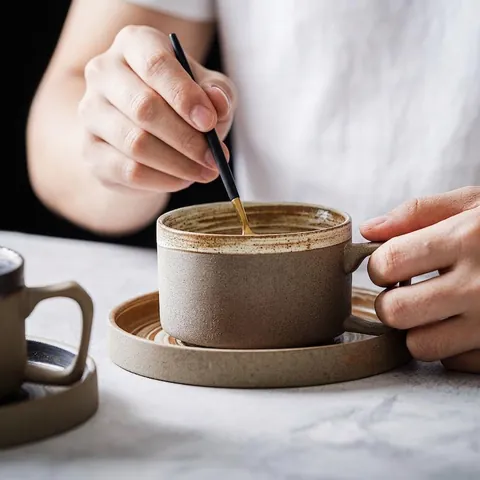 Keramik Kaffeetasse Und Untertasse Vintage Retro Grobkeramik Handgefertigt Ofenglasur Spiralmuster Frühstücksbecher