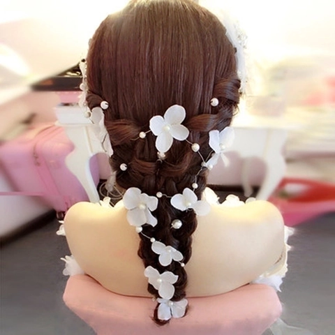 Enredadera De Pelo Para Novia Flor De Tela Hecha A Mano Imitación Perla Artificial Diadema De Boda Larga Accesorio Para Mujeres