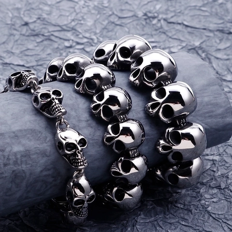 Herren Totenkopf Armband Titanstahl Gothic Punk Rock Polierte Gliederkette Schmuck
