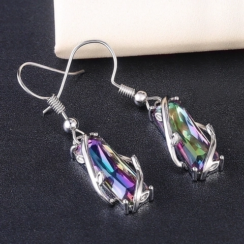 Vintage Damen Hängeohrringe Kupfer Mit Regenbogen Rechteckigem Kristall Und Zirkon Weinrebe Zweig Design Modeschmuck