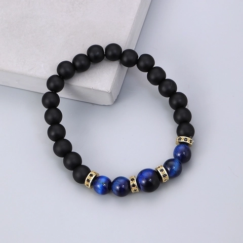 Men's Beaded Bracelet With Blue Tiger Eye And Matte Lava Stone Alloy Spacers Elastic Healing Jewelry