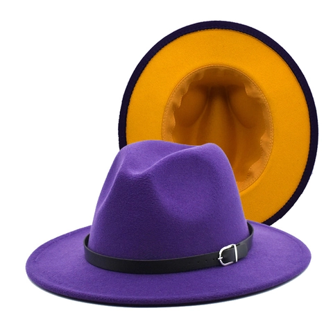 Vintage Wide Brim Fedora Hat Wool Felt Contrast Color Two Tone Jazz Cap With Belt Buckle For Men Women