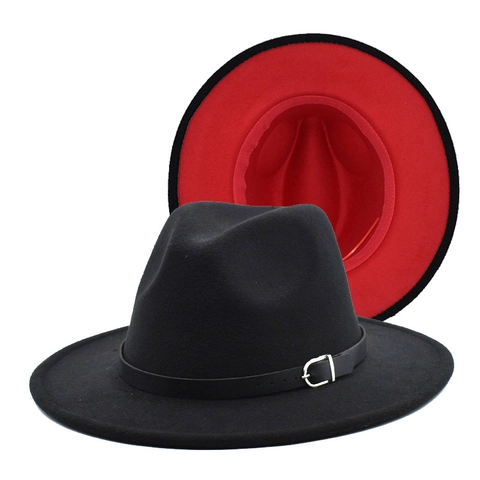 Vintage Wide Brim Fedora Hat Wool Felt Contrast Color Two Tone Jazz Cap With Belt Buckle For Men Women