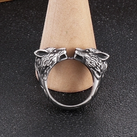 Double Wolf Head Ring Stainless Steel Viking Punk Retro Antique Silver Men Gothic Animal Jewelry