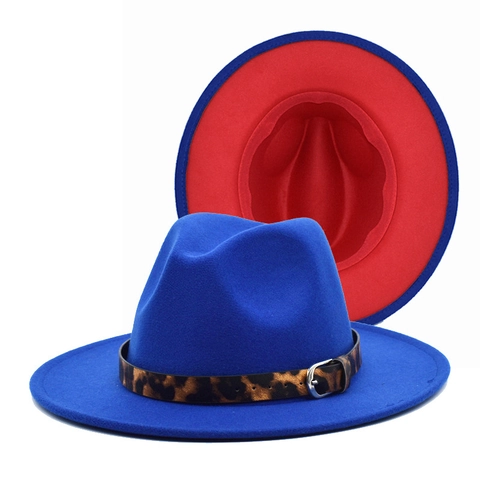 Cappello Fedora Bicolore Per Donne Uomini Ala Larga Piatta Feltro Di Lana Berretto Jazz Fibbia Cintura Leopardo Cappello Sole