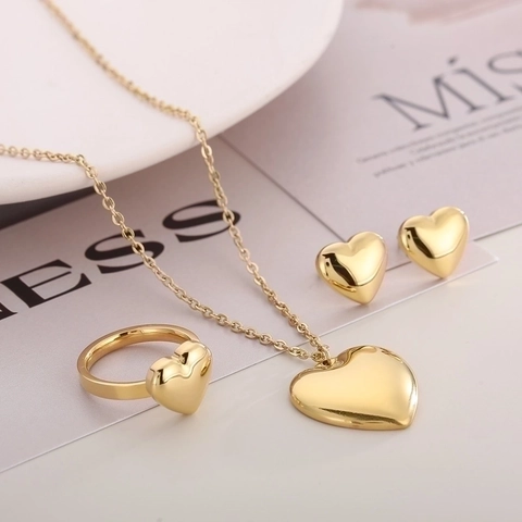 Herzförmiger Schmuck Halskette Ohrringe Und Ring Edelstahl Poliert 18K Vergoldet Mode Elegant Für Damen