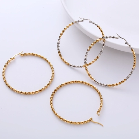 Twisted Rope Hoop Earrings Large Circle Stainless Steel Geometric Gold Plated Fashion Jewelry For Women Silver Tone Elegant