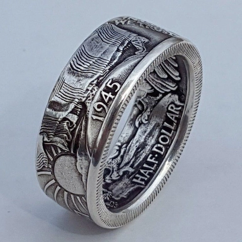 Anello Moneta Vintage 1945 Morgan Half Dollar Design Rilievo Texture Retro Stile Punk Gioielli Lega Uomini Donne