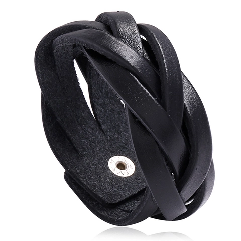 Herren Vintage Geflochtenes Rindsleder Armband Breit Mehrsträngig Punk Retro Armreif Mit Druckknopf