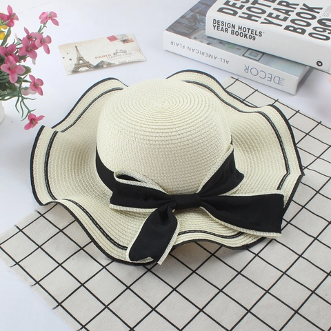 Cappello Di Paglia Elegante Da Donna Stile Hepburn Tesa Larga Ondulata Grande Fiocco Francese Vintage Vacanze Sole