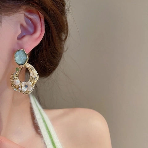 Vintage Flower Drop Earrings French Retro Alloy Resin Imitation Artificial Pearl Rhinestone With 925 Sterling Silver Earring Post