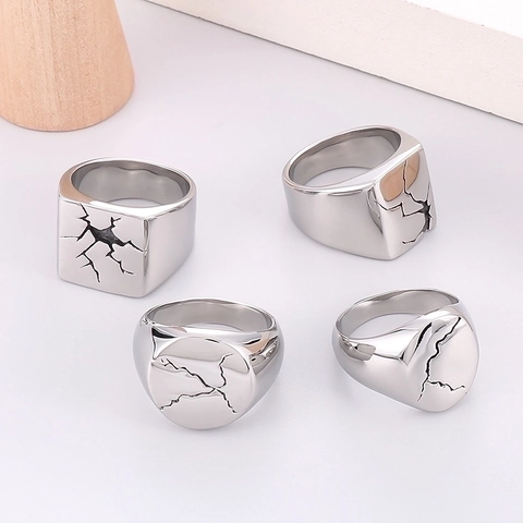 Herren Siegelring Edelstahl Rissmuster Geschwärzt Punk Vintage Breites Band Geometrischer Schmuck