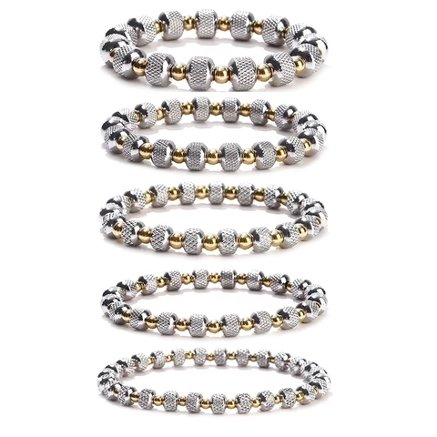 Stainless Steel Beaded Bracelet Two Tone Gold Silver Textured Elastic Waterproof Jewelry Gift For Couples Trendy