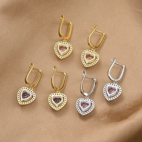 Eleganti Orecchini a Pendente a Cuore in Rame Micro Pave Strass Pietre Rosa Viola Moda Huggies Gioielli per Donna Matrimonio