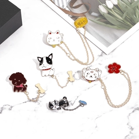 Cartoon Dier Emaille Broche Pin Met Ketting Bot Vis Hanger Zinklegering Leuke Kat Hond Broche Sieraden Voor Vrouwen Kinderen