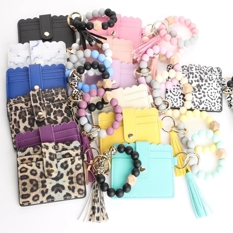 Silicone Bead Keychain Bracelet With PU Leather Card Holder Tassel Wood Accent Wristlet Wallet For Women Fashionable