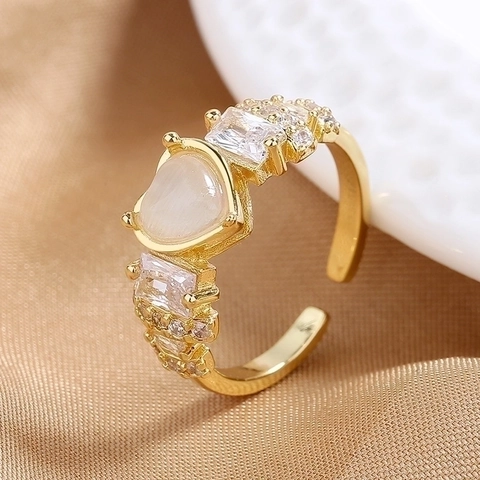 Anello Aperto Pietra Occhio Di Gatto Cuore Rame Placcato Oro 18K Regolabile Zircone Intarsiato Gioielli Da Donna