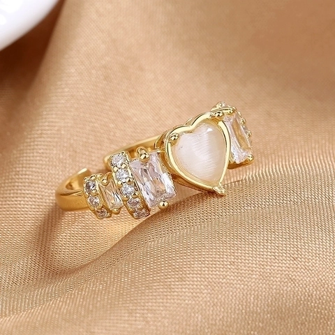 Anello Aperto Pietra Occhio Di Gatto Cuore Rame Placcato Oro 18K Regolabile Zircone Intarsiato Gioielli Da Donna